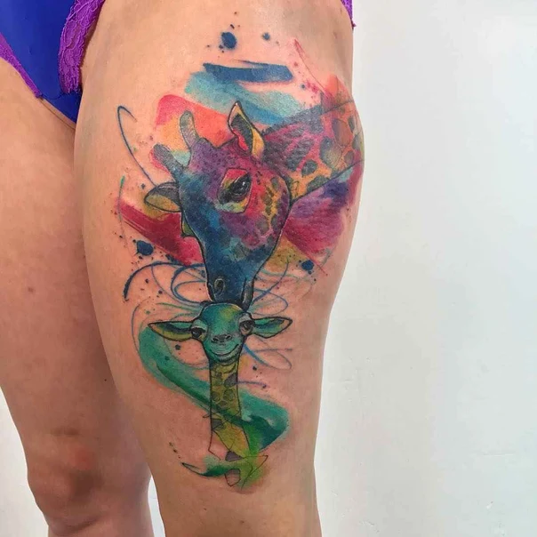 Watercolor Giraffe, Animal tattoo on Thigh