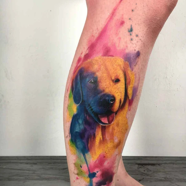 Watercolor Dog tattoo on Calf