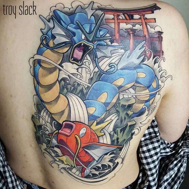 Anime Pokemon, Dragon tattoo on Upper Back