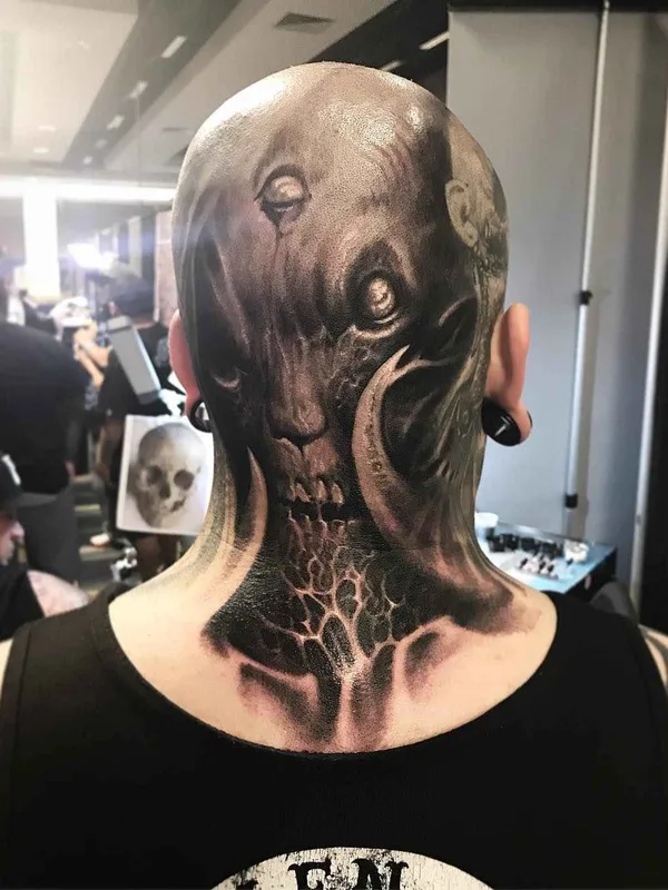 black and grey realism Tatuagem em back of neck #14836 | Tatuador Brandon Herrera