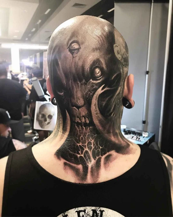 Realism Skull, Monster tattoo on Back of Neck