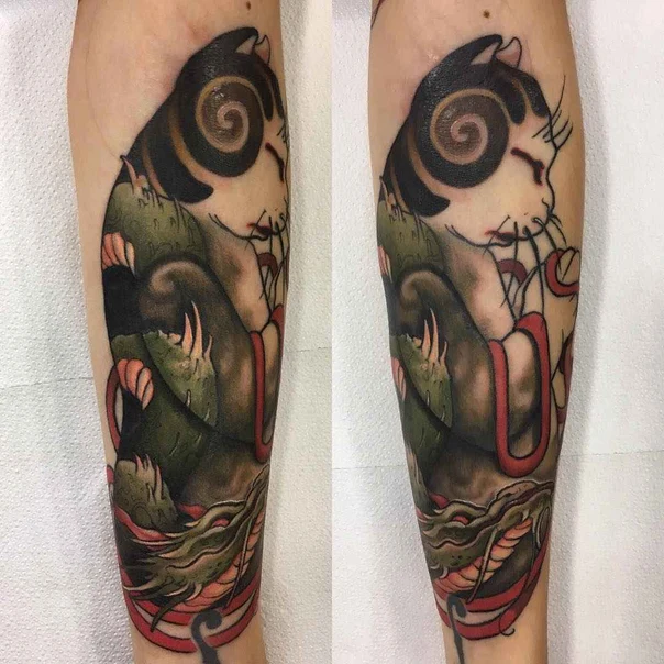 Japanese Cat, Dragon tattoo on Forearm
