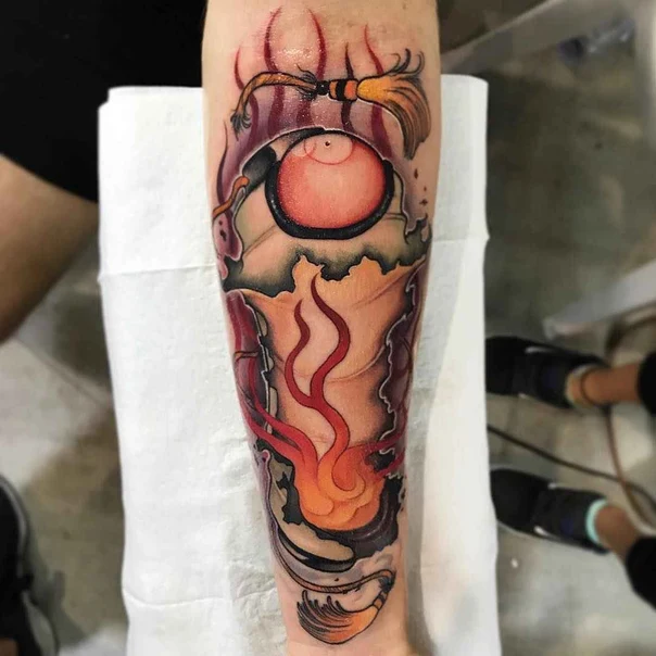 New School Eye, Fire tattoo on Forearm