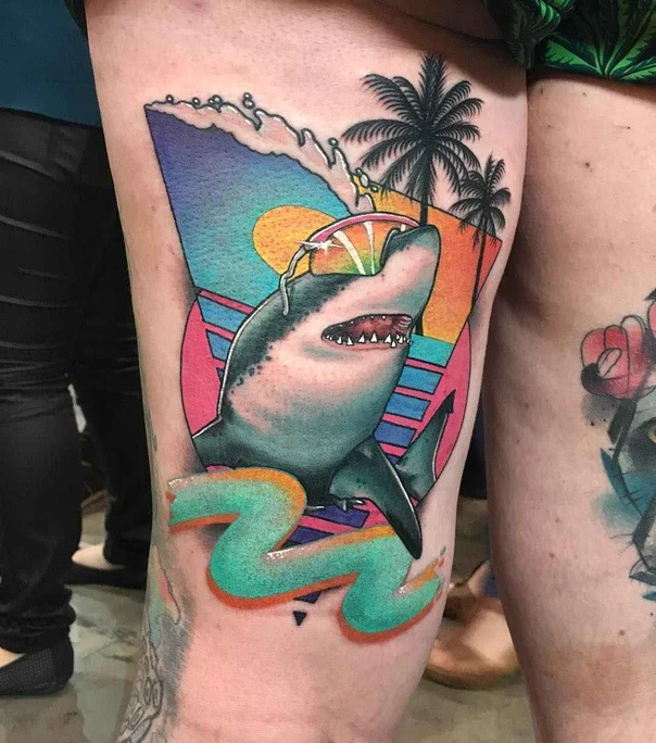 New School Shark, Palm trees tattoo on Thigh