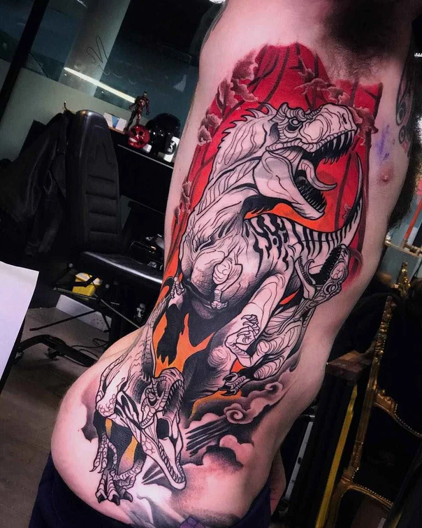 Illustrative Dinosaur, Fire tattoo on Side