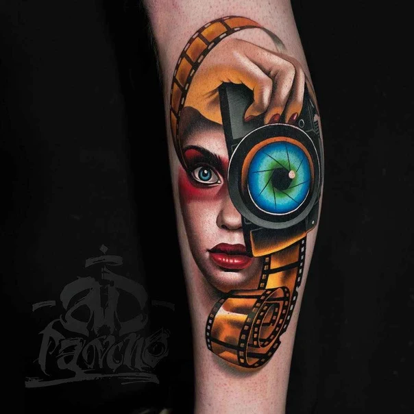Realism Portrait, Camera tattoo on Calf