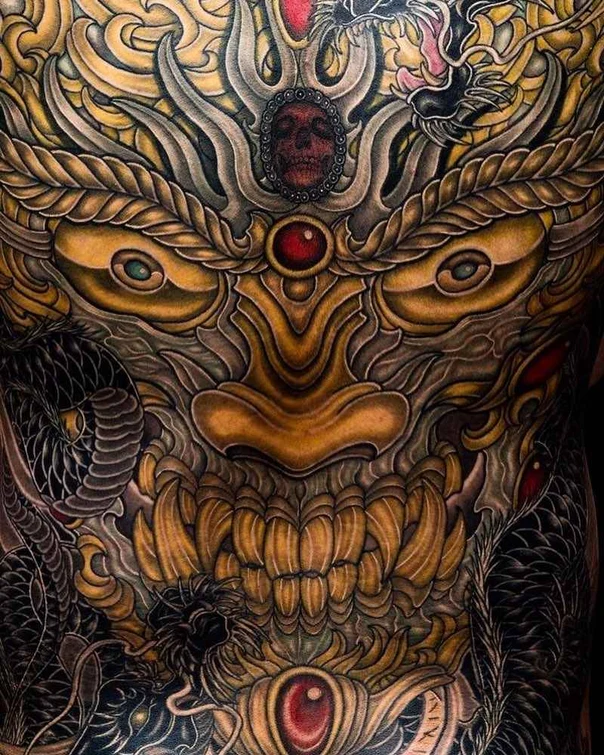 Japanese Dragon, Skull tattoo on Full Back