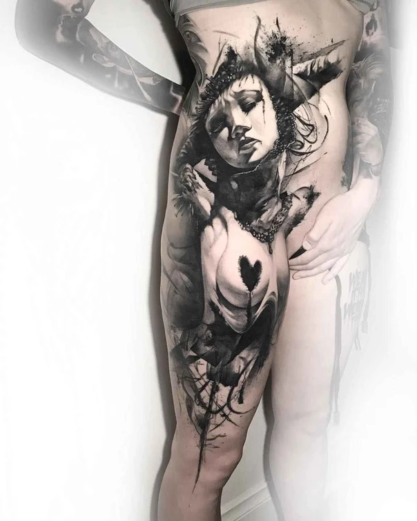 Blackwork Portrait, Heart tattoo on Thigh
