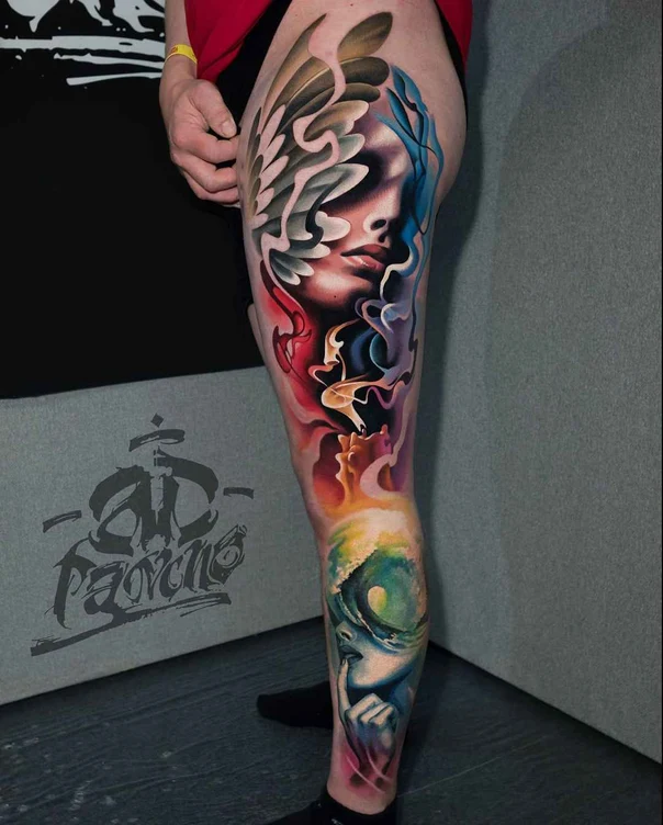 Realism Face, Wings tattoo on Thigh