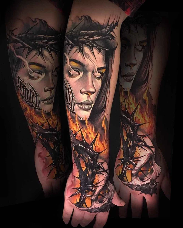 Realism Portrait, Crown of thorns tattoo on Full Sleeve