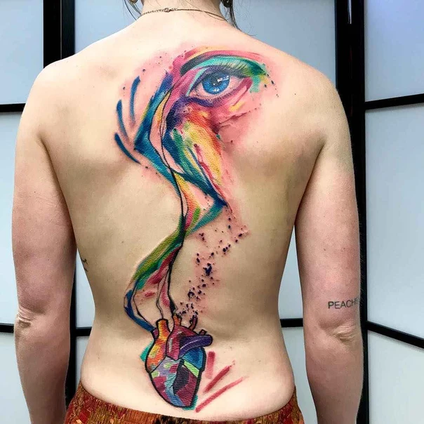 Watercolor Eye, Heart tattoo on Upper Back