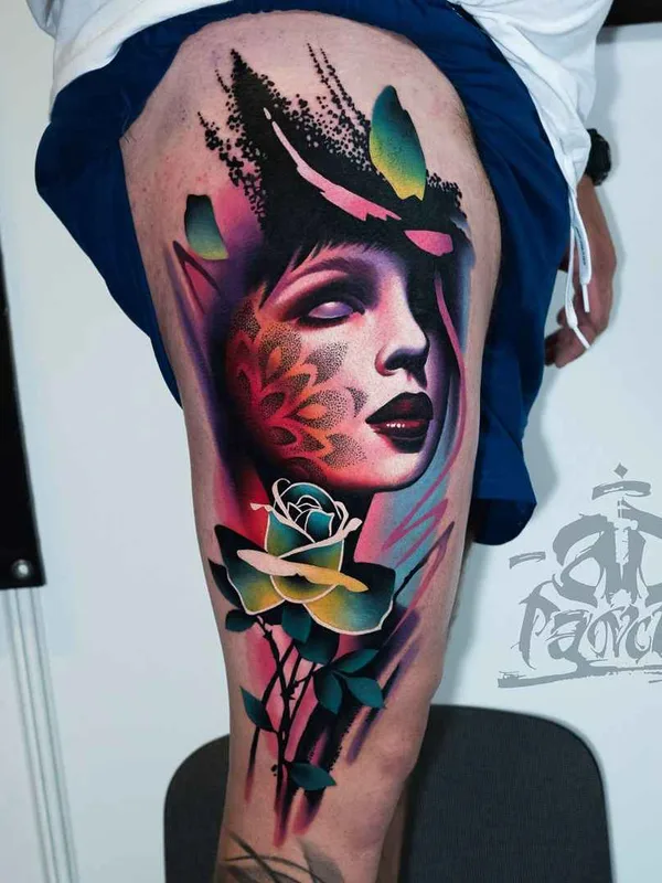 female color illustrative 纹身 在 thigh #14456 | 纹身师 A.D. Pancho