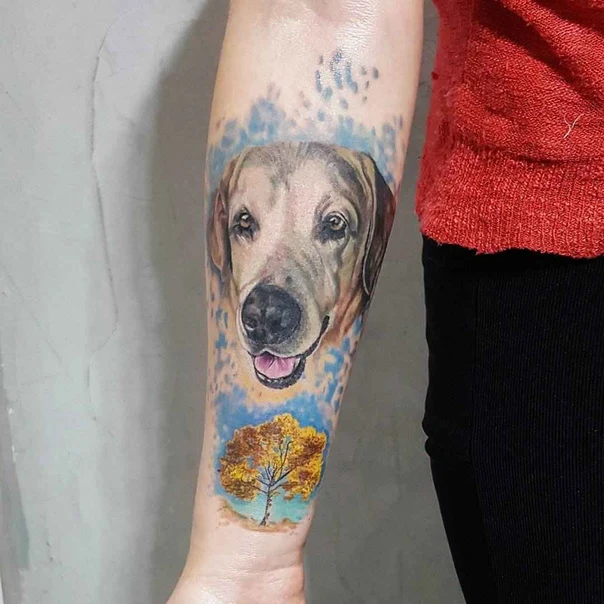 Realism Dog, Tree tattoo on Forearm