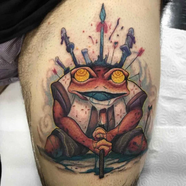 Illustrative Frog, Weapons tattoo on Thigh