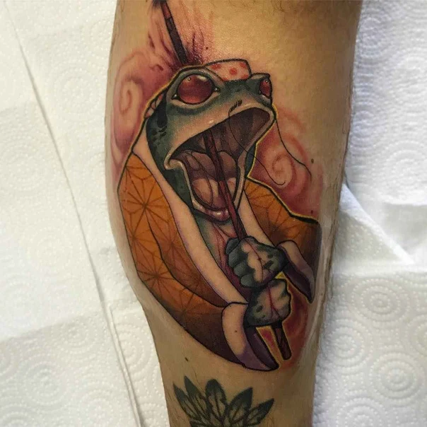 Japanese Frog, Samurai tattoo on Calf