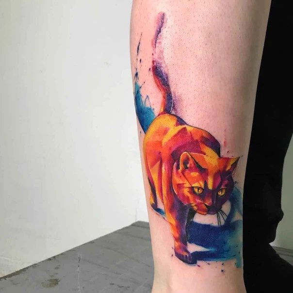 Watercolor Cat tattoo on Calf