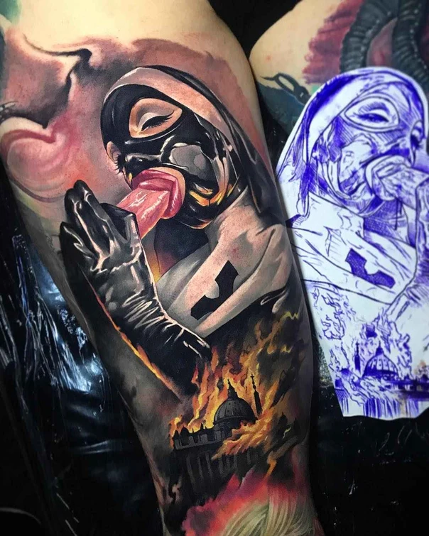 Realism Nun, Fire tattoo on Upper Arm
