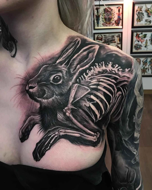 Black & Grey Rabbit, Skeleton tattoo on Chest