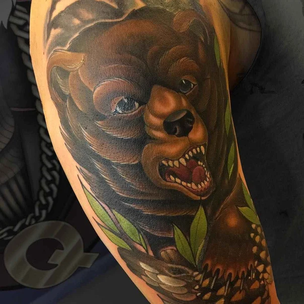 Realism Bear, Leaves tattoo on Upper Arm