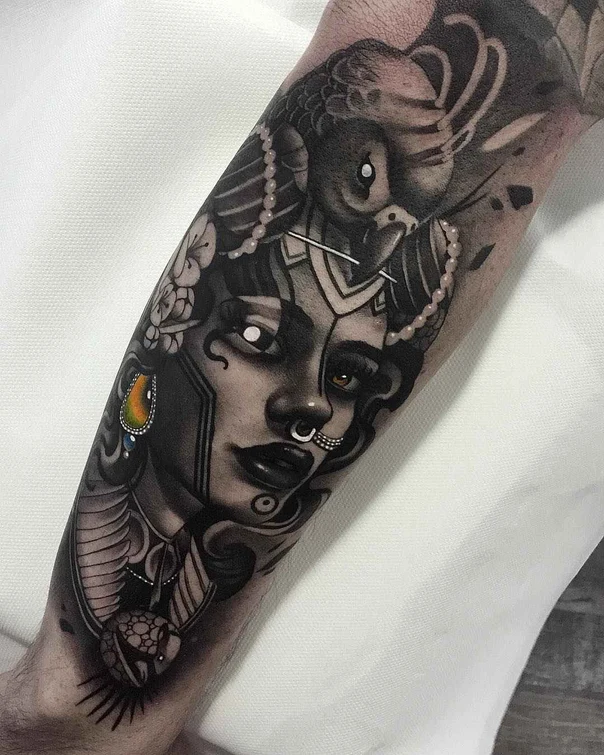 Black & Grey Woman, Bird tattoo on Forearm