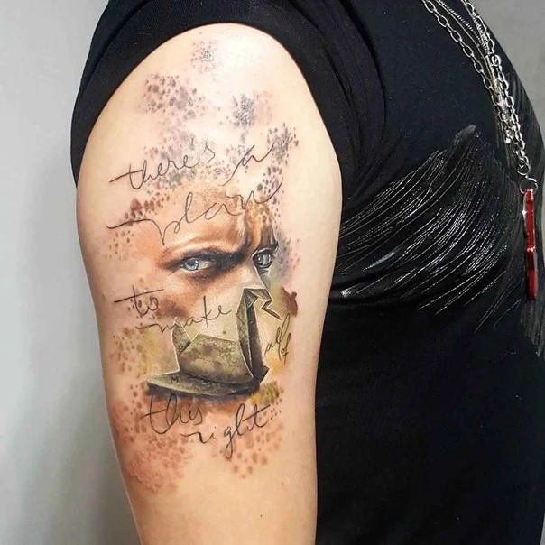 Realism Portrait, Quote tattoo on Upper Arm