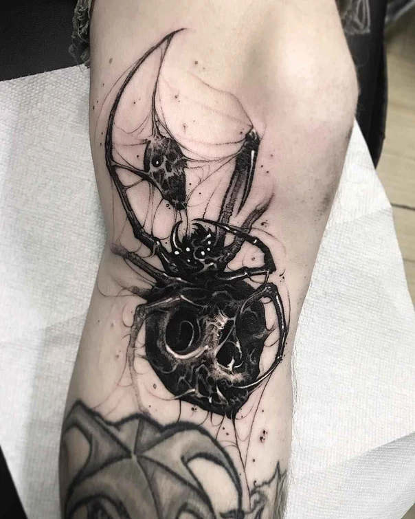 Blackwork Spider, Skull tattoo on Forearm