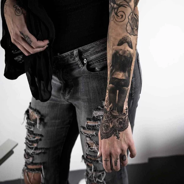 Blackwork Figure, Lace tattoo on Full Sleeve