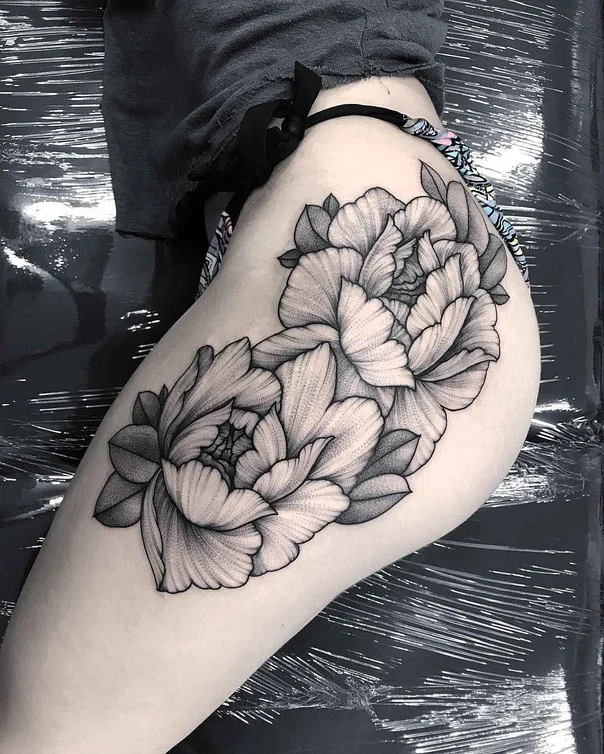 Black & Grey Flower tattoo on Thigh