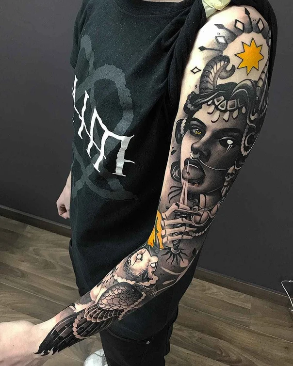 Black & Grey Portrait, Owl tattoo on Full Sleeve