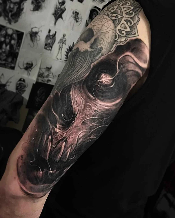Black & Grey Skull, Mandala tattoo on Full Sleeve