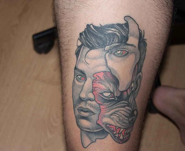 Realism Face, Wolf tattoo on Thigh