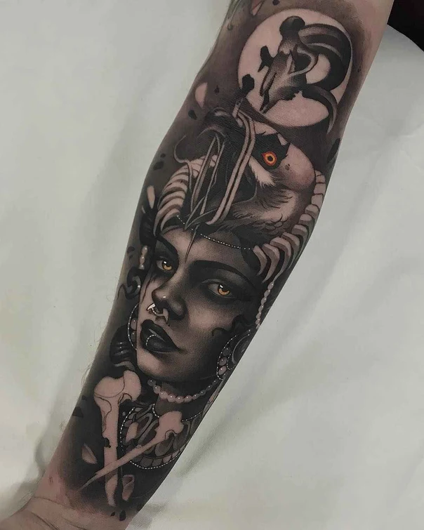 Black & Grey Portrait, Skull tattoo on Forearm