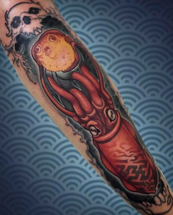 Japanese Squid, Skull tattoo on Forearm