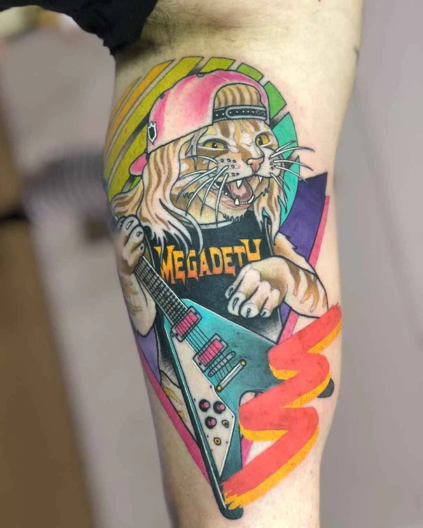 New School Cat, Guitar tattoo on Thigh