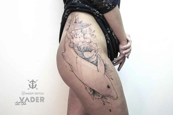 Sketch Dolphin, Botanic tattoo on Thigh