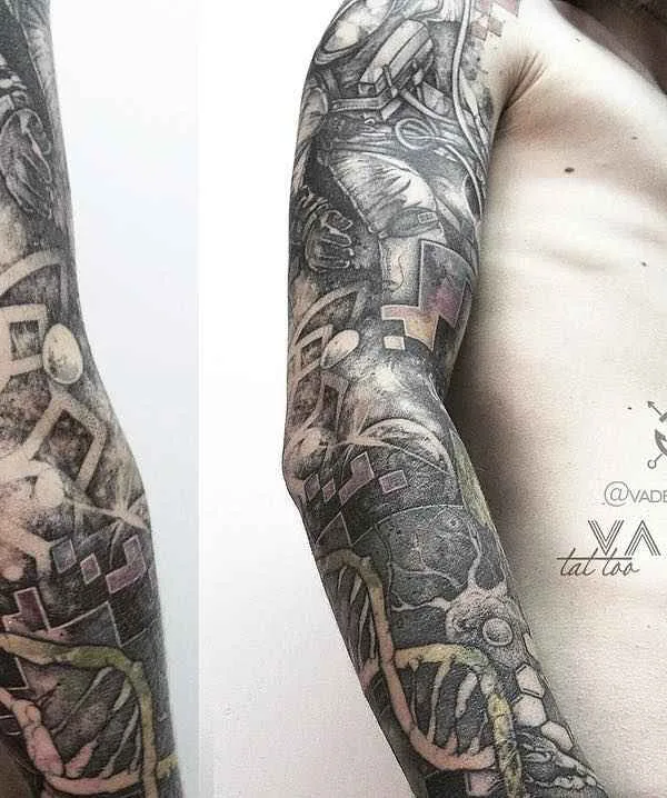 male black and grey biomechanical татуировка на full sleeve #15201 | Тату мастер Татьяна Vader