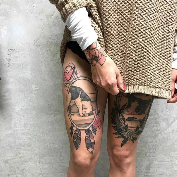 Sketch Dog, Dreamcatcher tattoo on Thigh