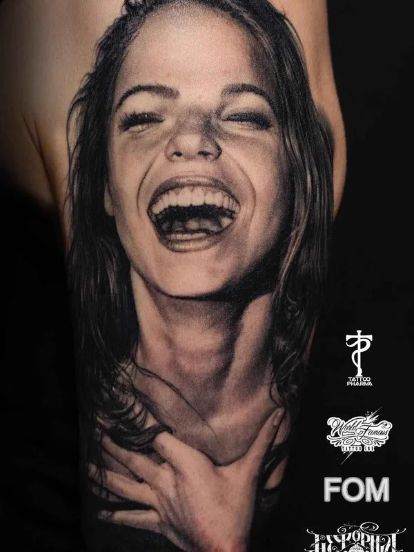 female black and grey realism tattoo on upper arm #14664 | Tattoo Artist Илья Фоминых