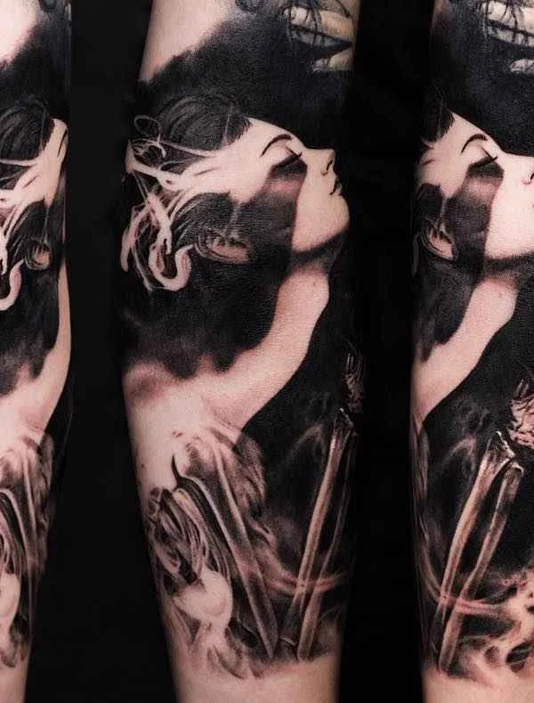 female black and grey blackwork tattoo on full sleeve #14665 | Tattoo Artist Илья Фоминых