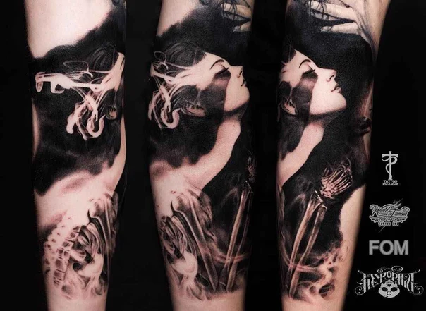Блэкворк Portrait, Smoke tattoo на Полный рукав