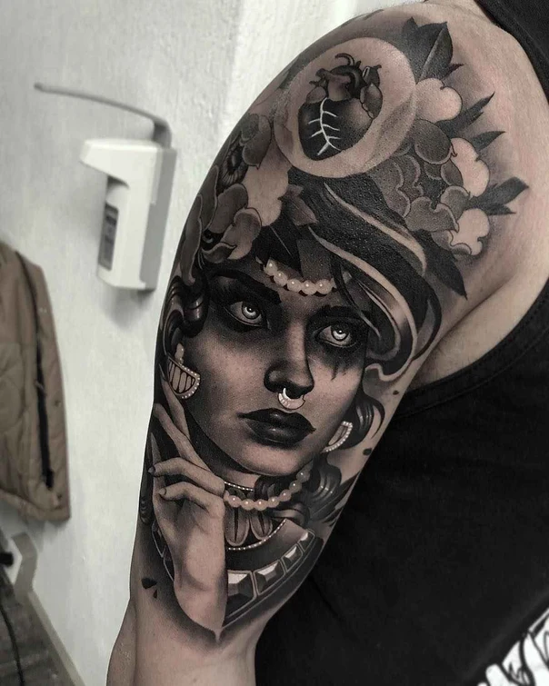 Black & Grey Portrait, Heart tattoo on Upper Arm