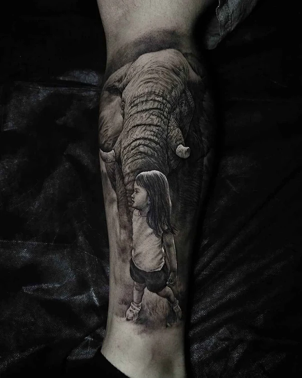 Realism Elephant, Child tattoo on Calf