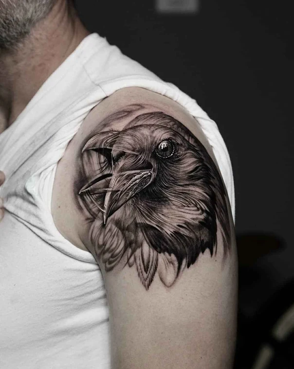 Realism Raven, Bird tattoo on Shoulder