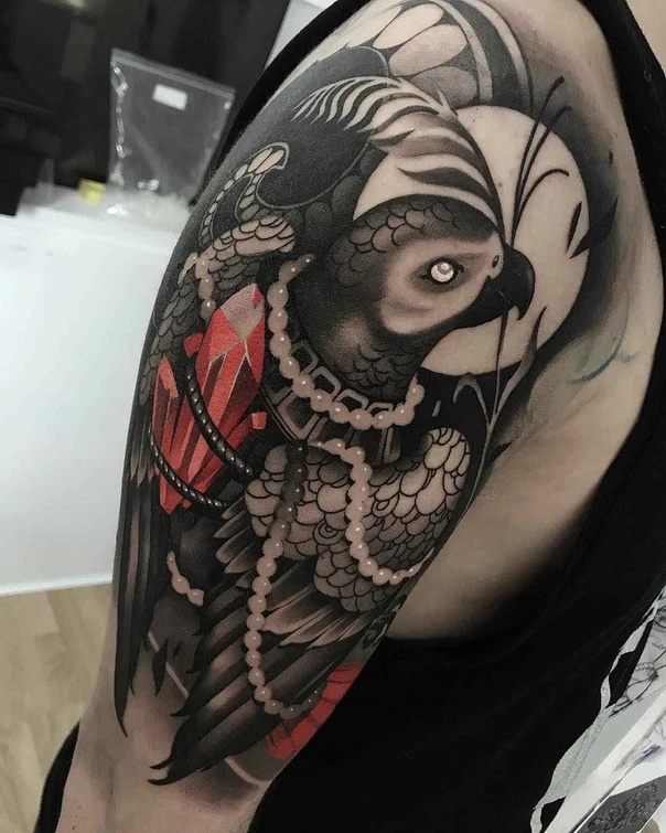 Neo Traditional Bird, Gem tattoo on Upper Arm
