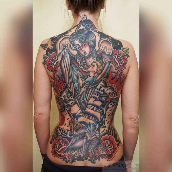 Нео-традиционная Angel, Birds tattoo на Спина (полная)