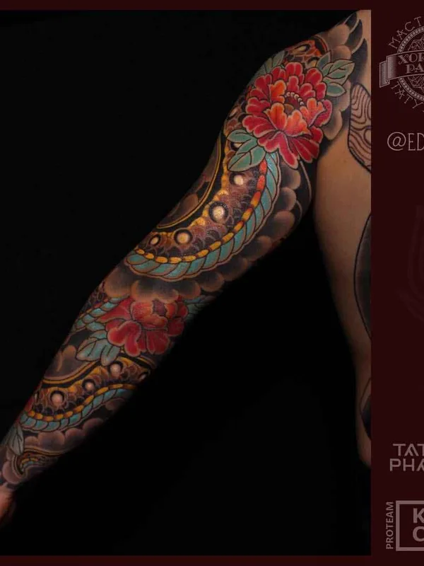 color japanese Tatuagem em full sleeve #14490 | Tatuador Эдуард Сармаев
