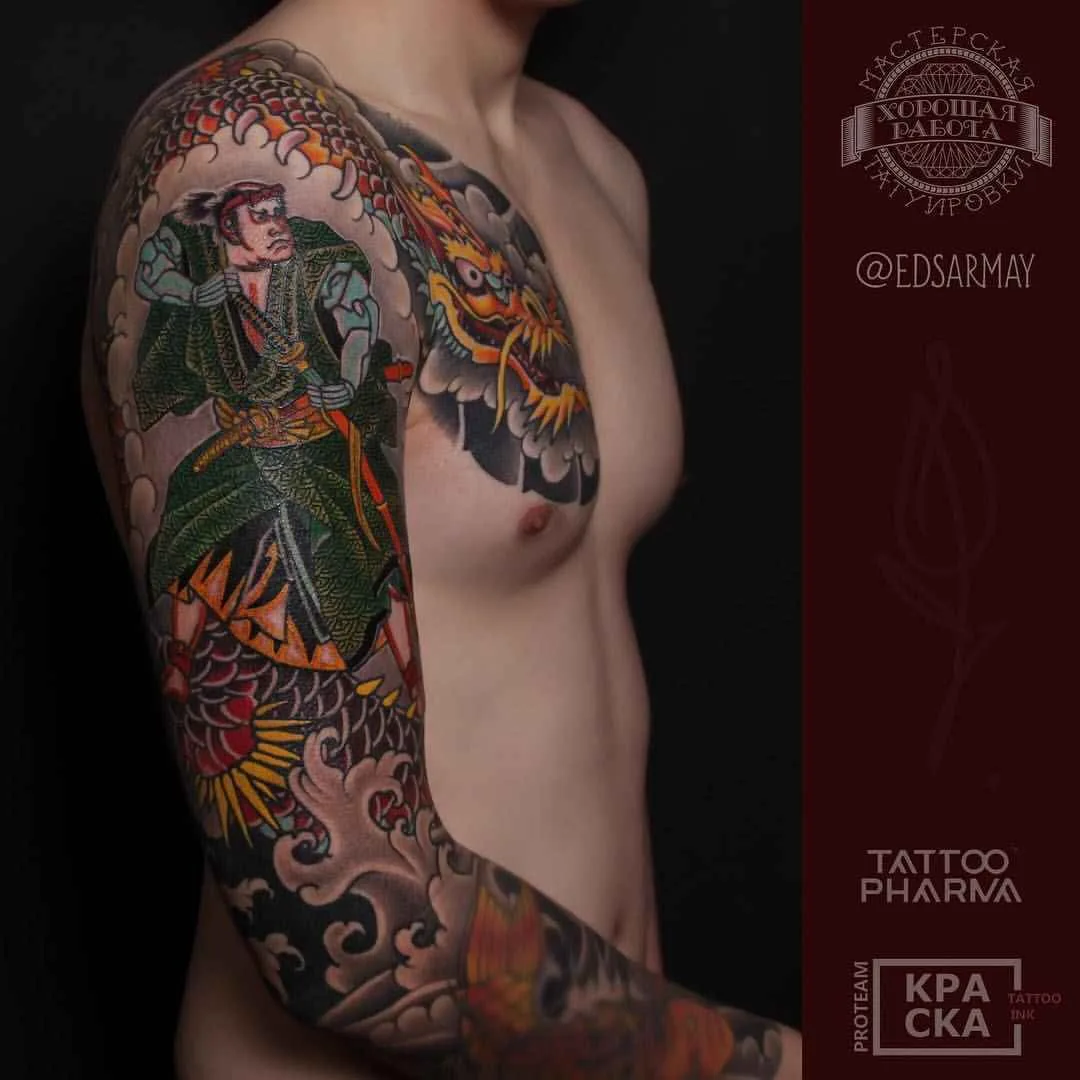 Tatuagem artista Eduard Sarmaev cor oriental japonesa tatuagem
