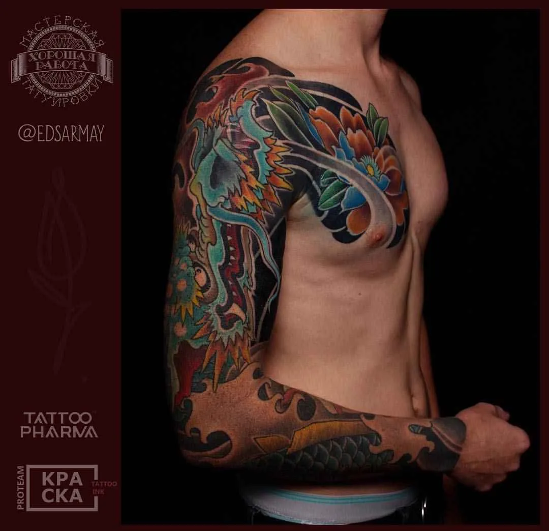 Tatuagem artista Eduard Sarmaev cor oriental japonesa tatuagem