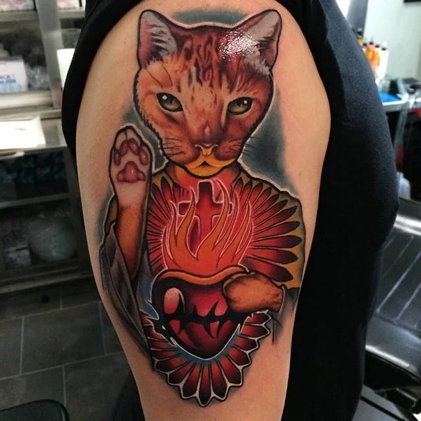 Neo Traditional Cat, Sacred heart tattoo on Upper Arm