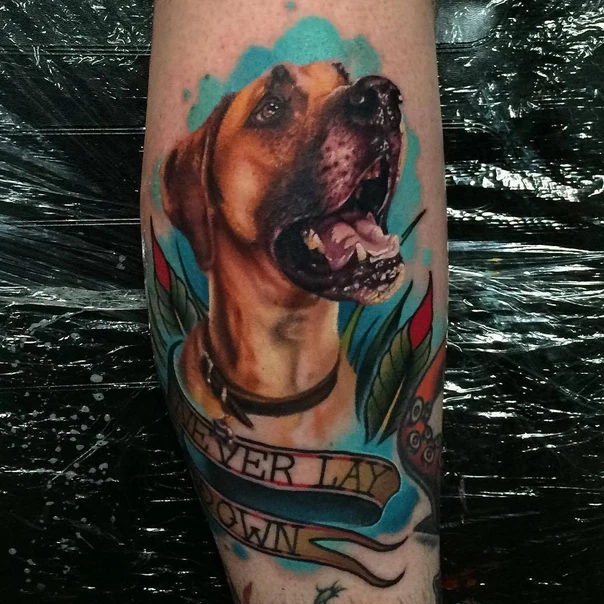 Realism Dog, Banner tattoo on Calf
